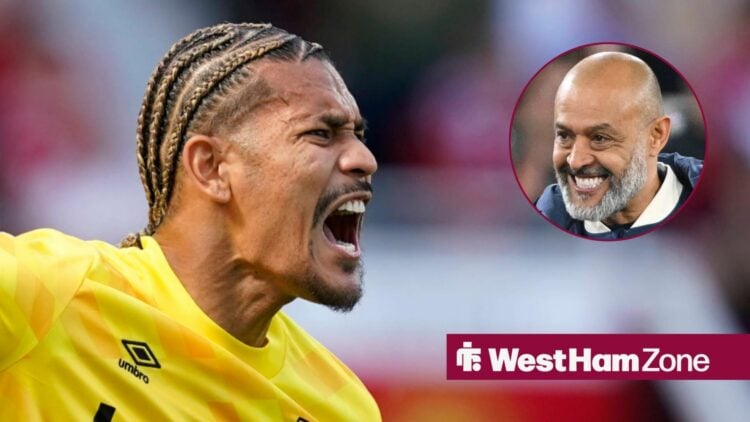 West Ham goalkeeper Alphonse Areola shouts with Nuno Espirito Santo smiles inset
