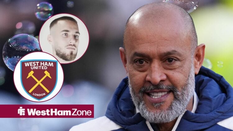 Nuno looking at Oscar Mingueza and West Ham badges in circular insets