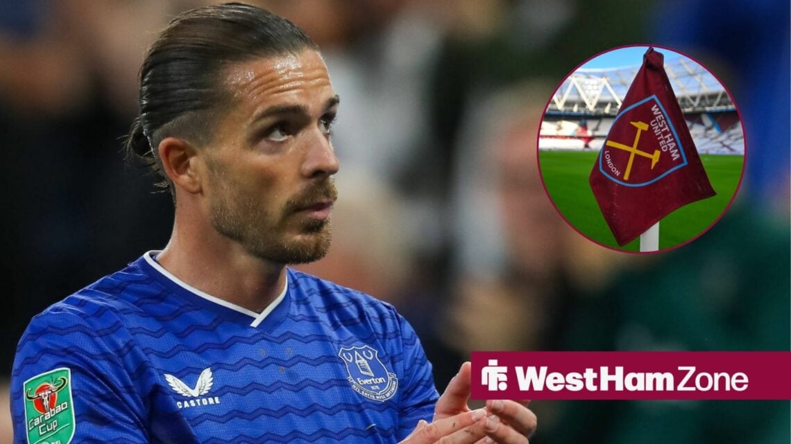 Everton winger Jack Grealish claps with West Ham flag at the London Stadium inset