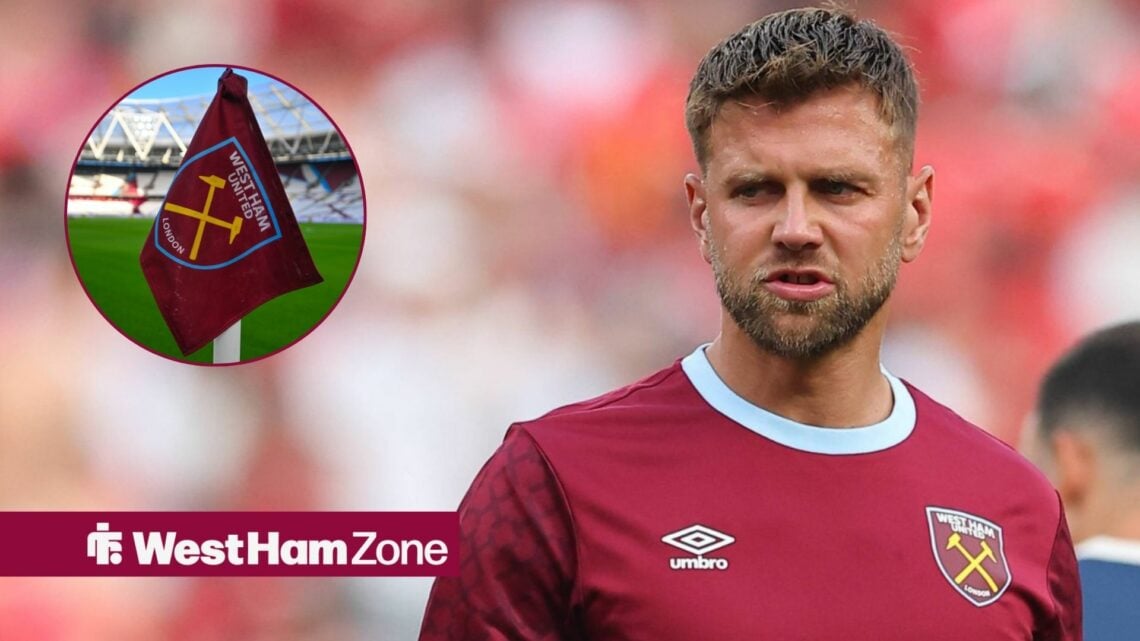 West Ham striker Niclas Fullkrug with West Ham flag London Stadium