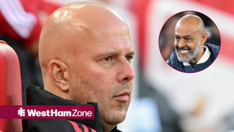 Arne Slot looking at Nuno Espirito Santo celebrating in circle