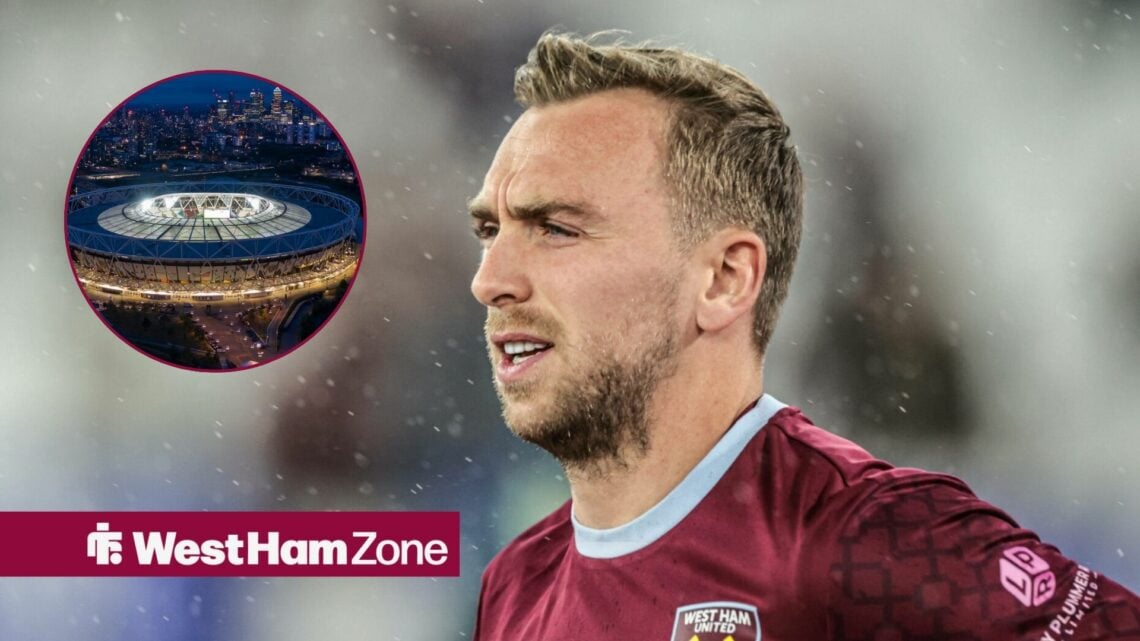 Jarrod Bowen looks towards a circular inset of the London Stadium