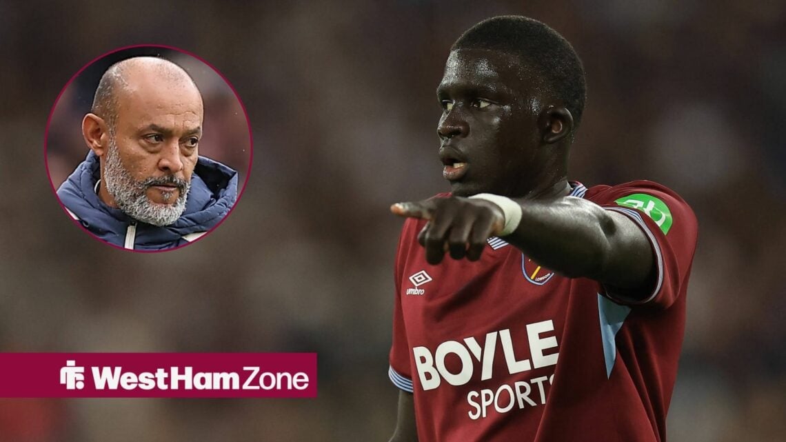 West Ham defender El Hadji Malick Diouf points with Nuno Espirito Santo inset