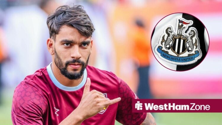 West Ham midfielder Lucas Paqueta with Newcastle United badge inset