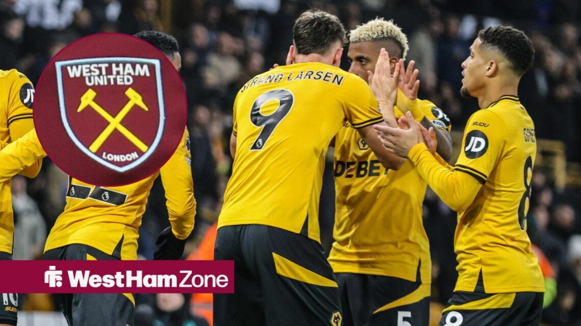 Wolves players celebrating alongside a circle inset of the West Ham badge