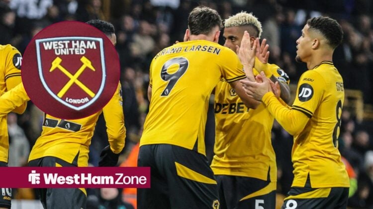 Wolves players celebrating alongside a circle inset of the West Ham badge