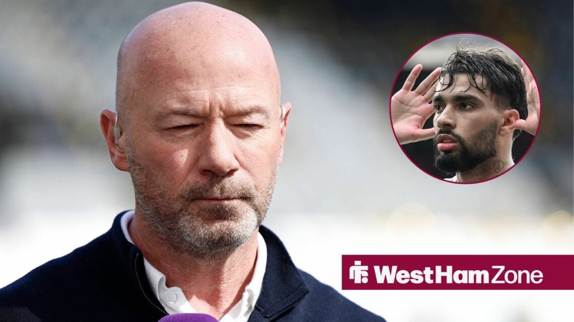 Premier League pundit Alan Shearer with West Ham midfielder Lucas Paqueta celebrates inset
