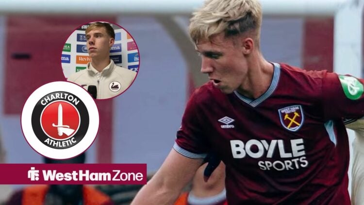 Kaelan Casey playing for West Ham alongside circle insets of Kaelan Casey in a Swansea City interview and the Charlton Athletic badge
