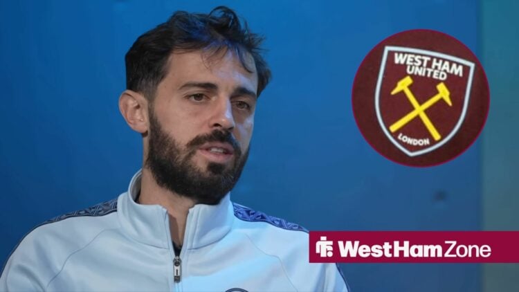 Bernardo Silva looking towards a West Ham badge in a circle inset