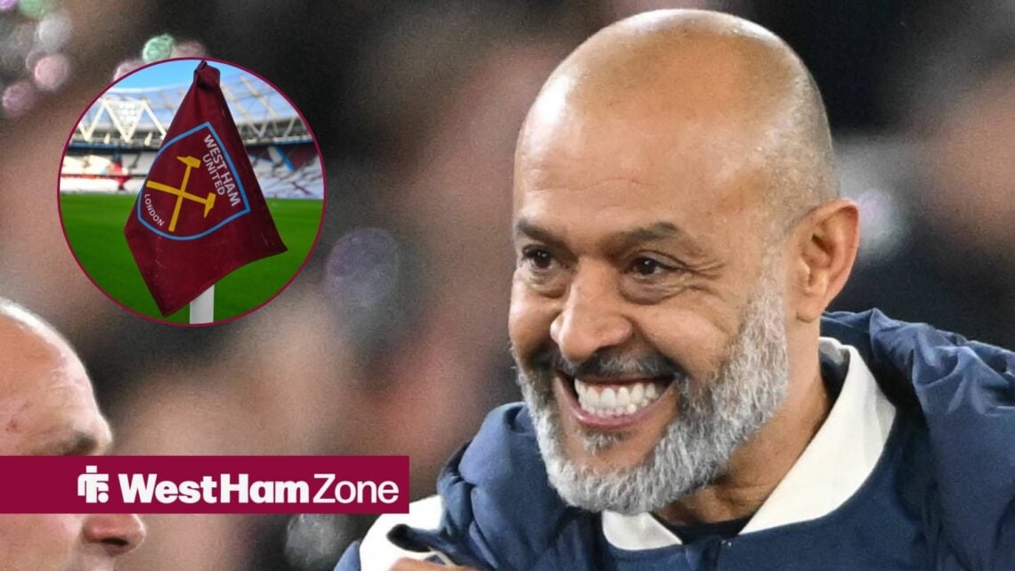 West Ham manager Nuno Espirito Santo grins with London Stadium corner flag inset