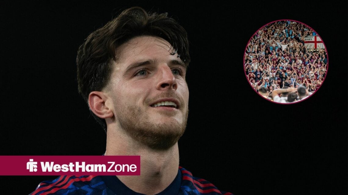 Declan Rice looking at West Ham fans in circle