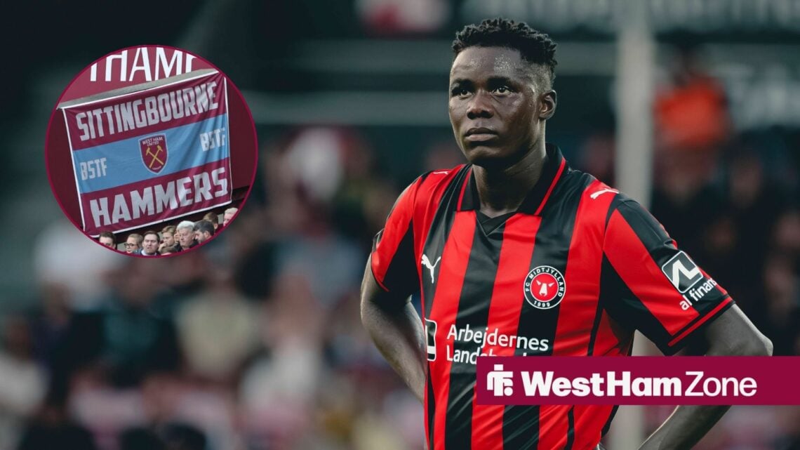 Franculino Dju looking at West Ham banner in circle