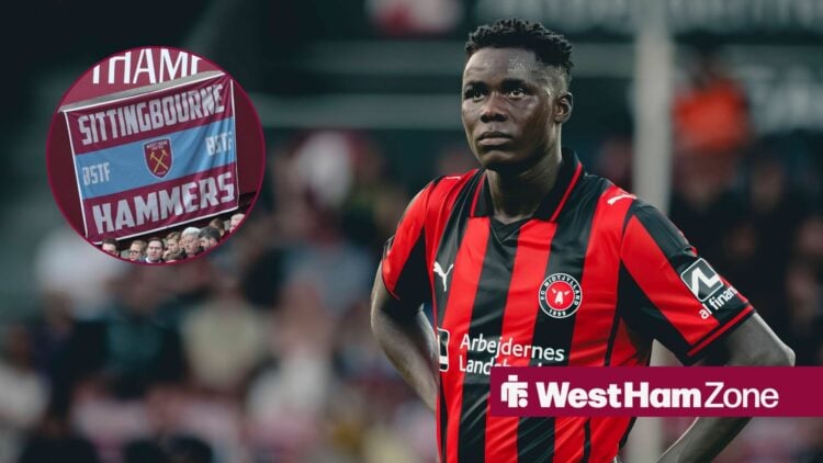 Franculino Dju looking at West Ham banner in circle