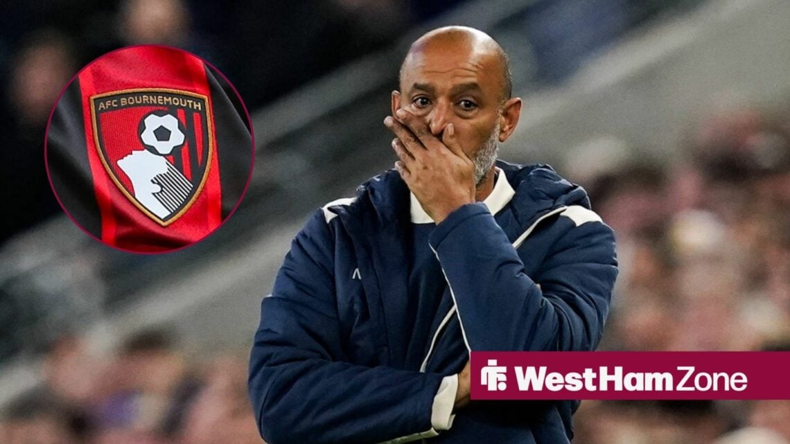 Nuno Espirito Santo looking at Bournemouth badge in circle