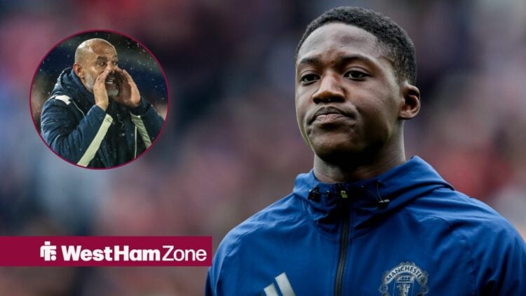 Kobbie Mainoo looking towards Nuno Espirito Santo shouting in a circle inset