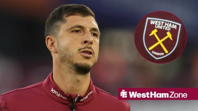 Guido Rodriguez looking towards a West Ham badge in a circle inset