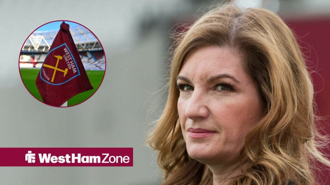 Karren Brady looks towards a circular frame of a West Ham corner flag