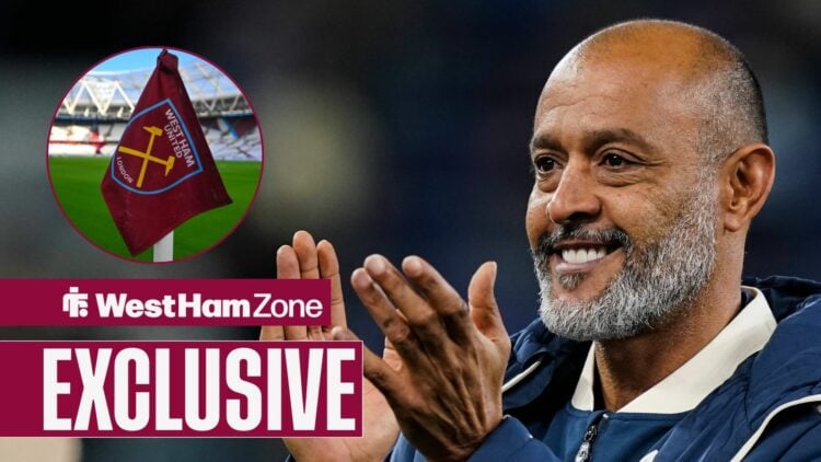 West Ham manager Nuno Espirito Santo with West Ham badge inset