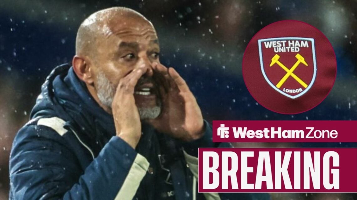 Nuno Espirito Santo shouting towards a circle inset of the West Ham badge