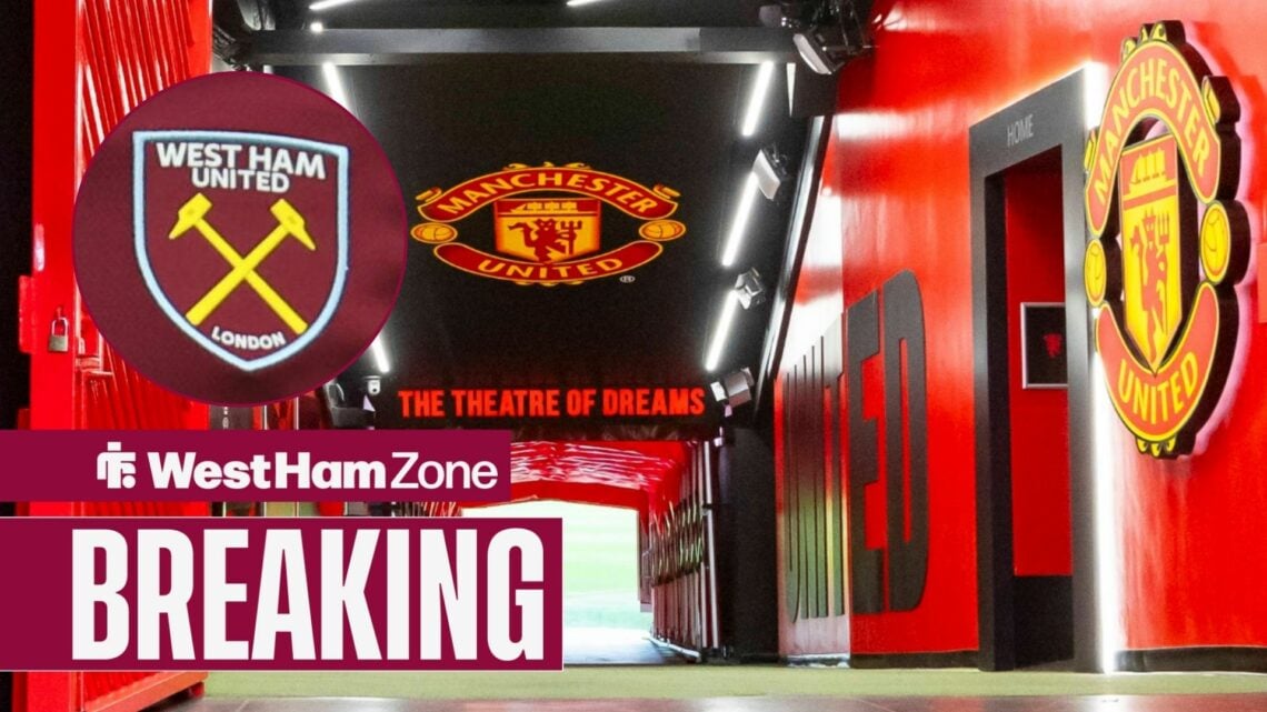 Manchester United badges in the tunnel at Old Trafford alongside a circle inset of a West Ham badge in a circle inset