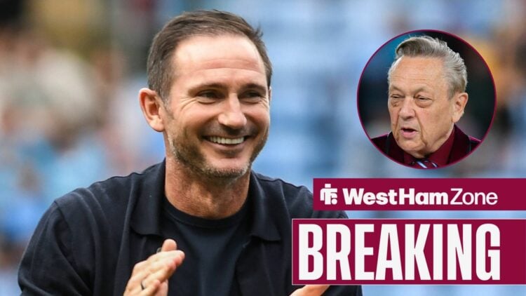 Coventry manager Frank Lampard smiles. To the right is a smaller picture of West Ham owner David Sullivan.