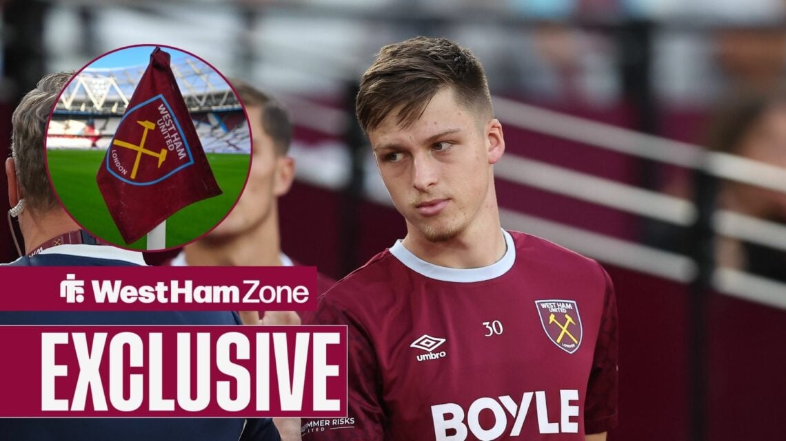Ollie Scarles warms up for West Ham, with a West Ham corner flag in a circular frame inset