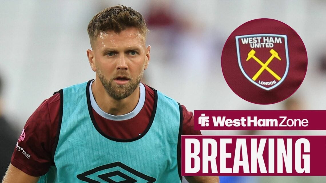 Niclas Fullkrug training for West Ham looking towards a West Ham badge in a circle inset