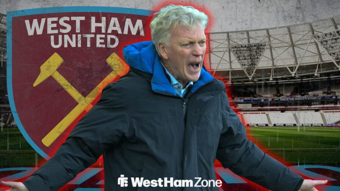West Ham looking annoyed standing ahead of a West Ham badge at the London Stadium