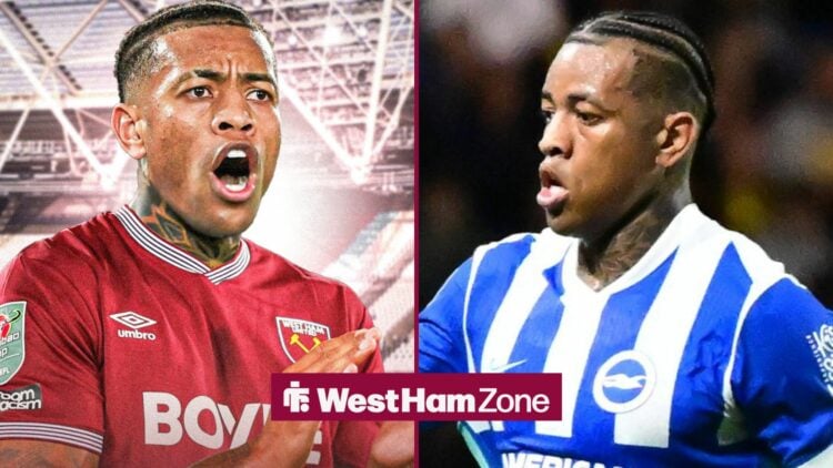 Igor Julio clapping while in a West Ham shirt looking towards Igor Julio playing for Brighton