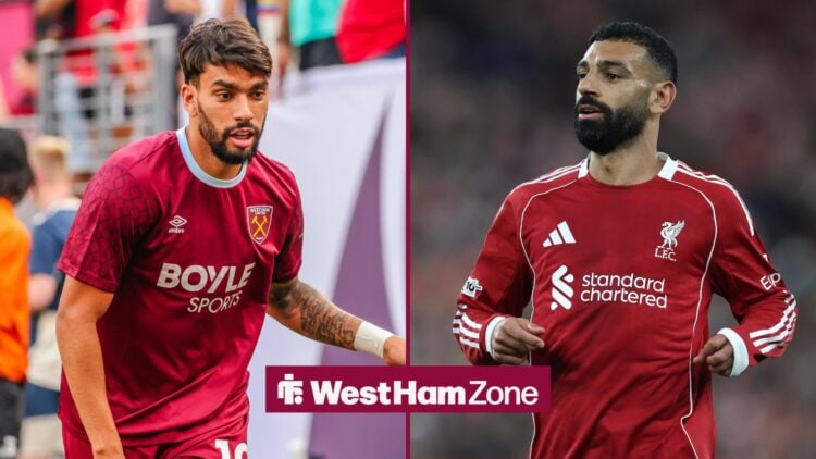 Lucas Paqueta and Mohamed Salah looking at one another.