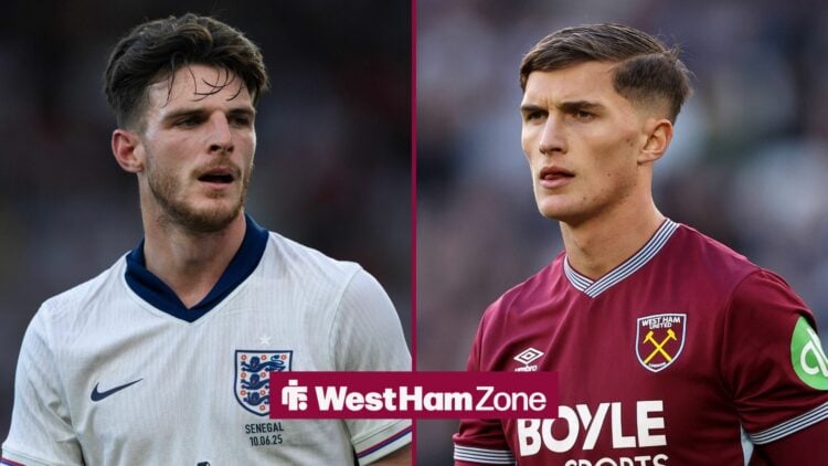 Declan Rice and Freddie Potts looking at each other.