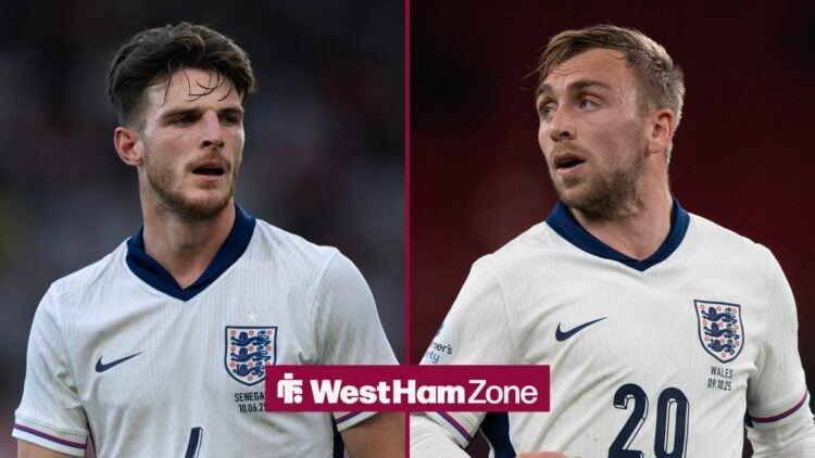 Declan Rice and Jarrod Bowen both looking at each other in England shirts.