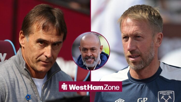 Former West Ham managers Graham Potter and Julen Lopetegui with Nuno Espirito Santo inset