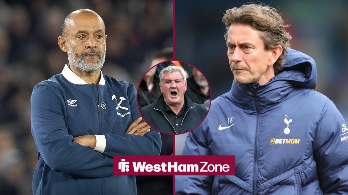 Nuno Espirito Santo looking at Thomas Frank on right with Steve Bruce in circle