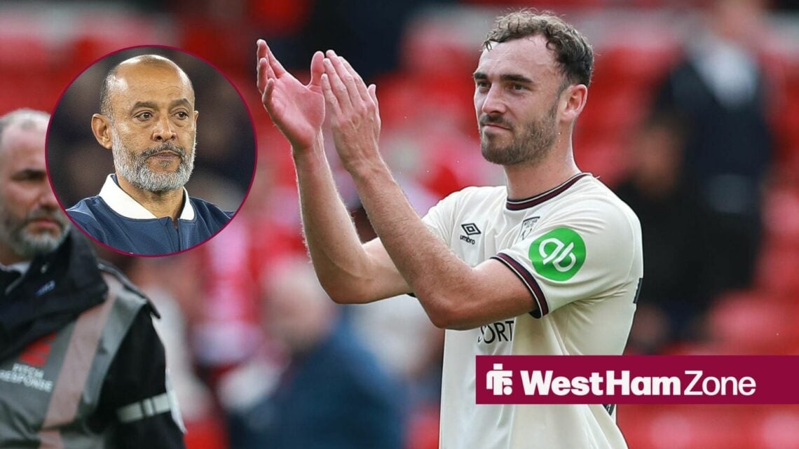 Andy Irving applauds the West Ham fans after a game, as manager Nuno Espirito Santo looks stern in a circular inset.