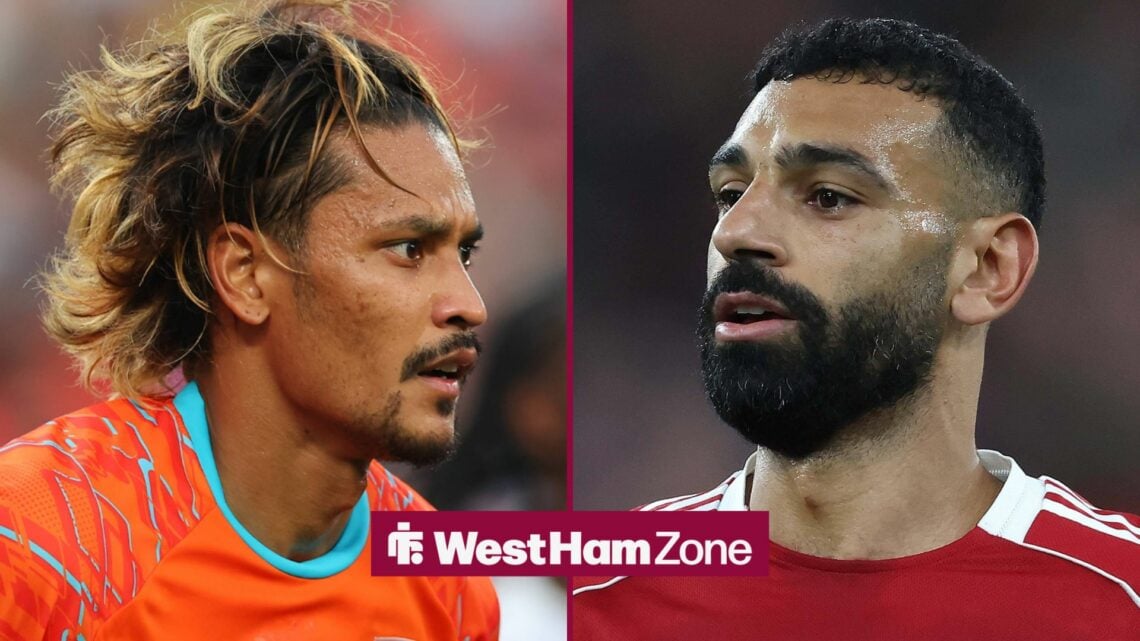 Alphonse Areola in action for West Ham and Mohamed Salah in split image