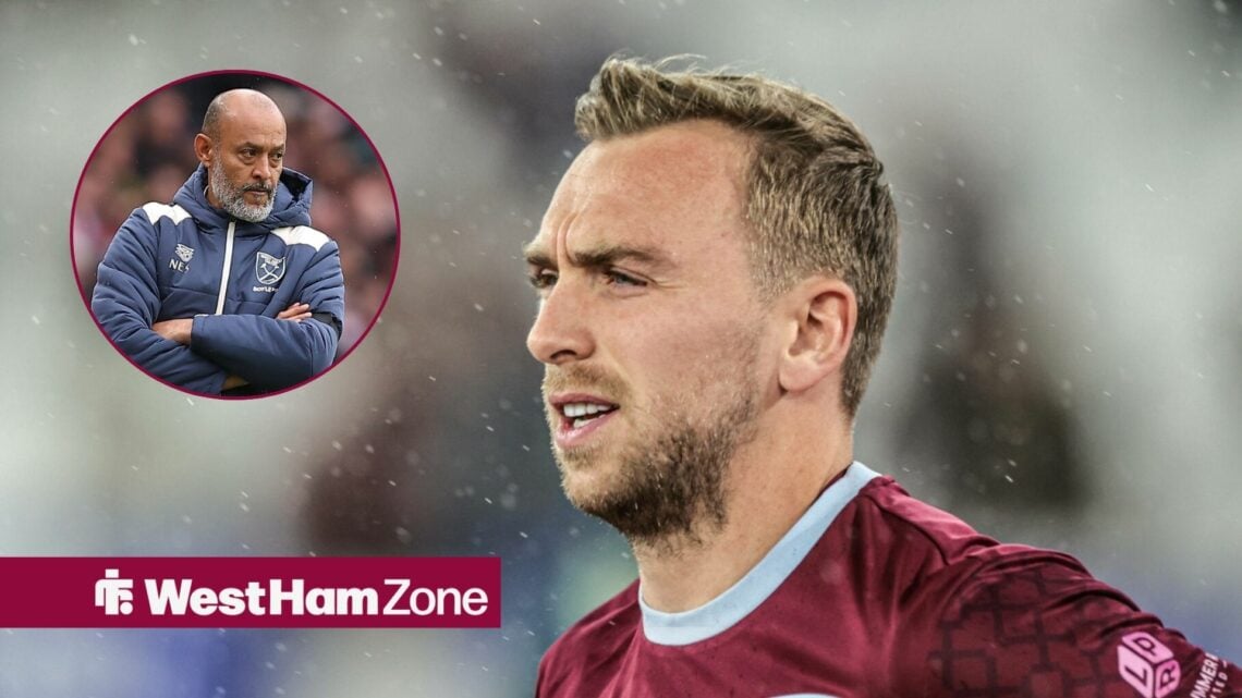 Jarrod Bowen playing for West Ham in the rain and Nuno Espirito Santo folds his arms in a round overlay