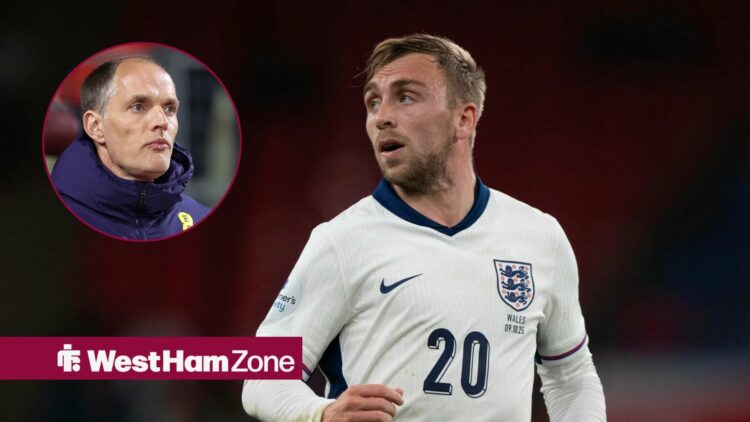 Jarrod Bowen in an England shirt looks at Thomas Tuchel in a circular overlay
