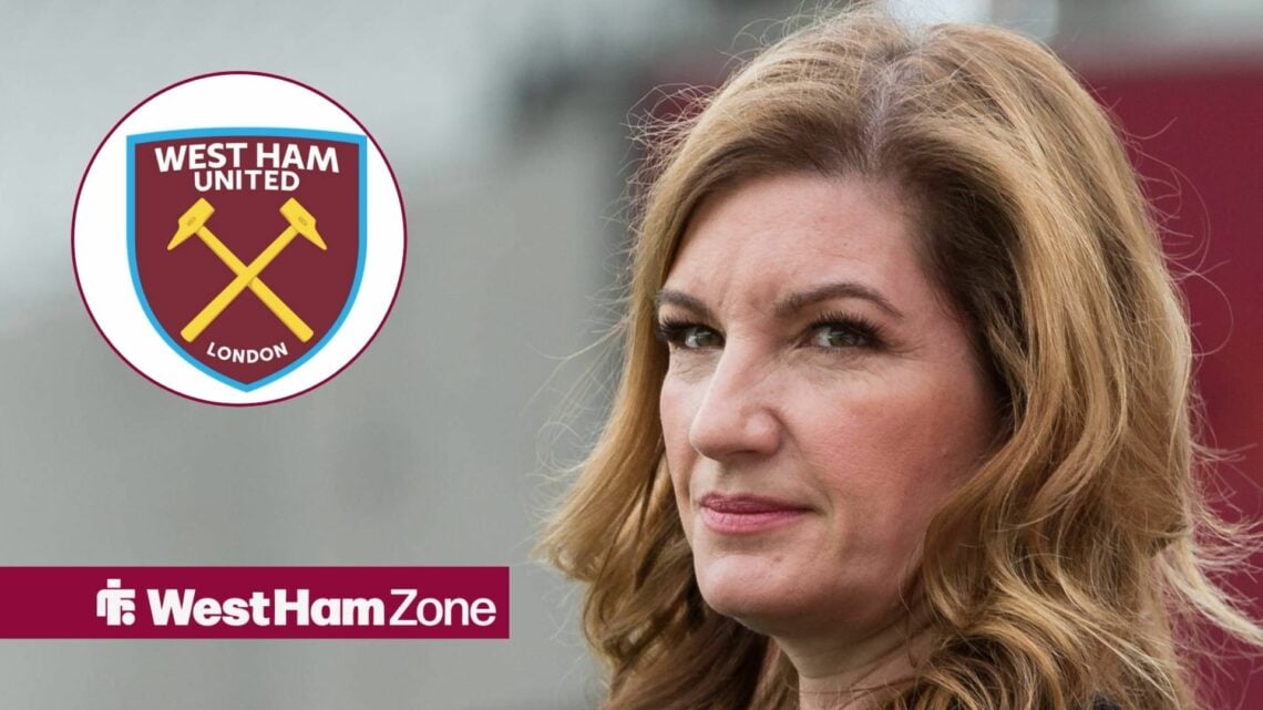 West Ham vice-chairman Karren Brady looking at West Ham badge in circular inset