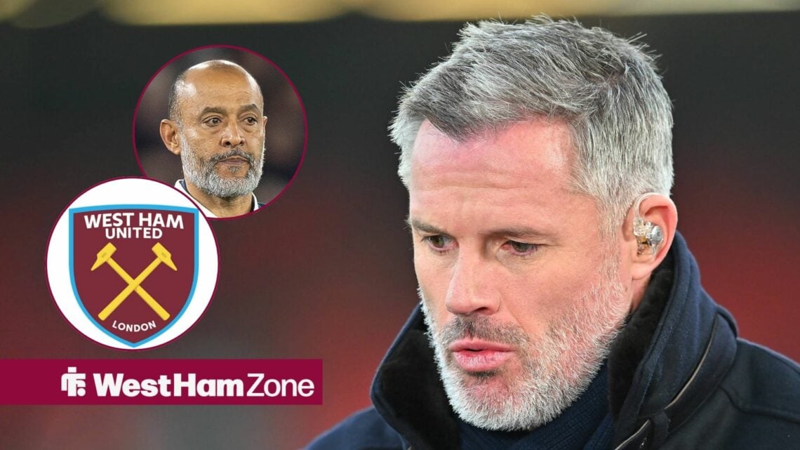 Jamie Carragher looking down at Nuno Espirito Santo and West Ham badge in circular insets