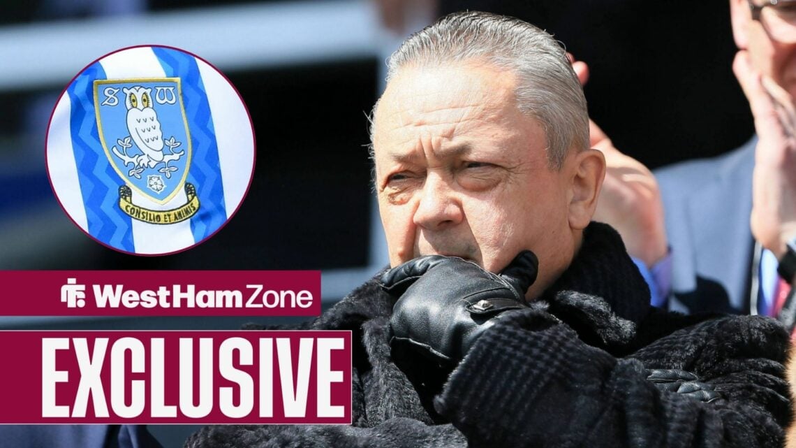 West Ham owner David Sullivan looking confused, Sheffield Wednesday badge in inset.