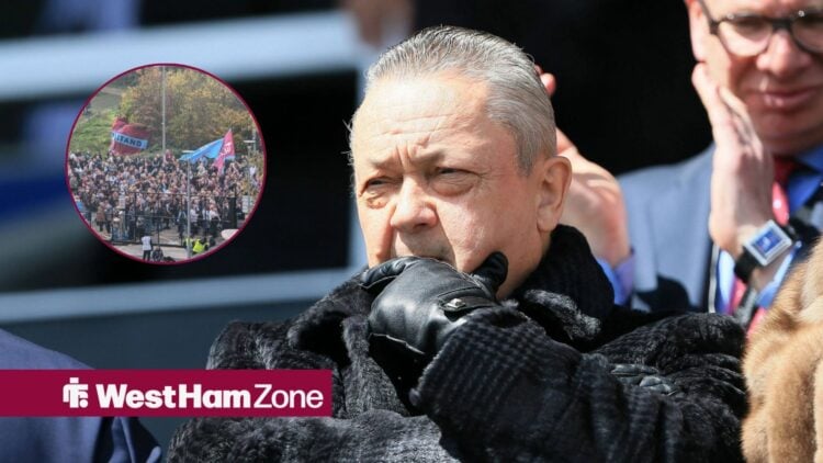 West Ham chief David Sullivan, fans in inset.