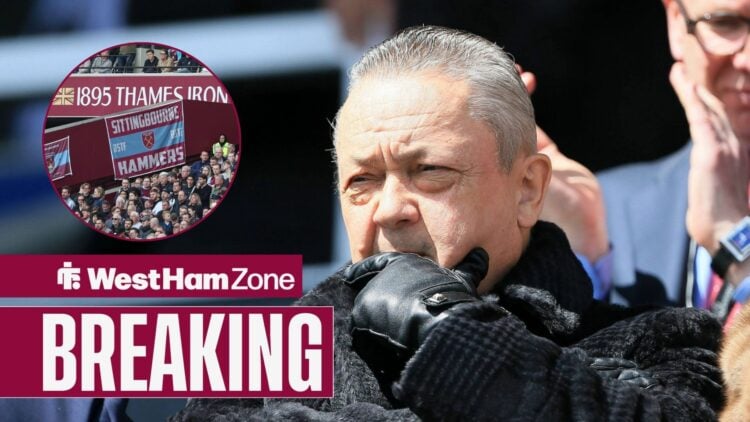 West Ham chief David Sullivan, fans in inset.