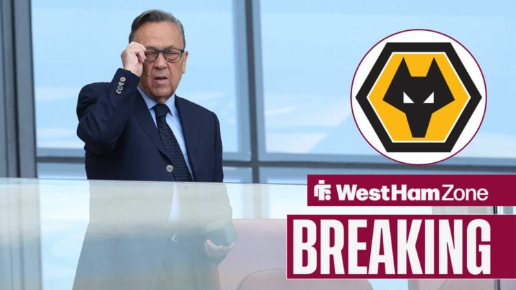 Breaking news as West Ham owner David Sullivan stands on a balcony and adjusts his glasses while looking at the Wolves badge.