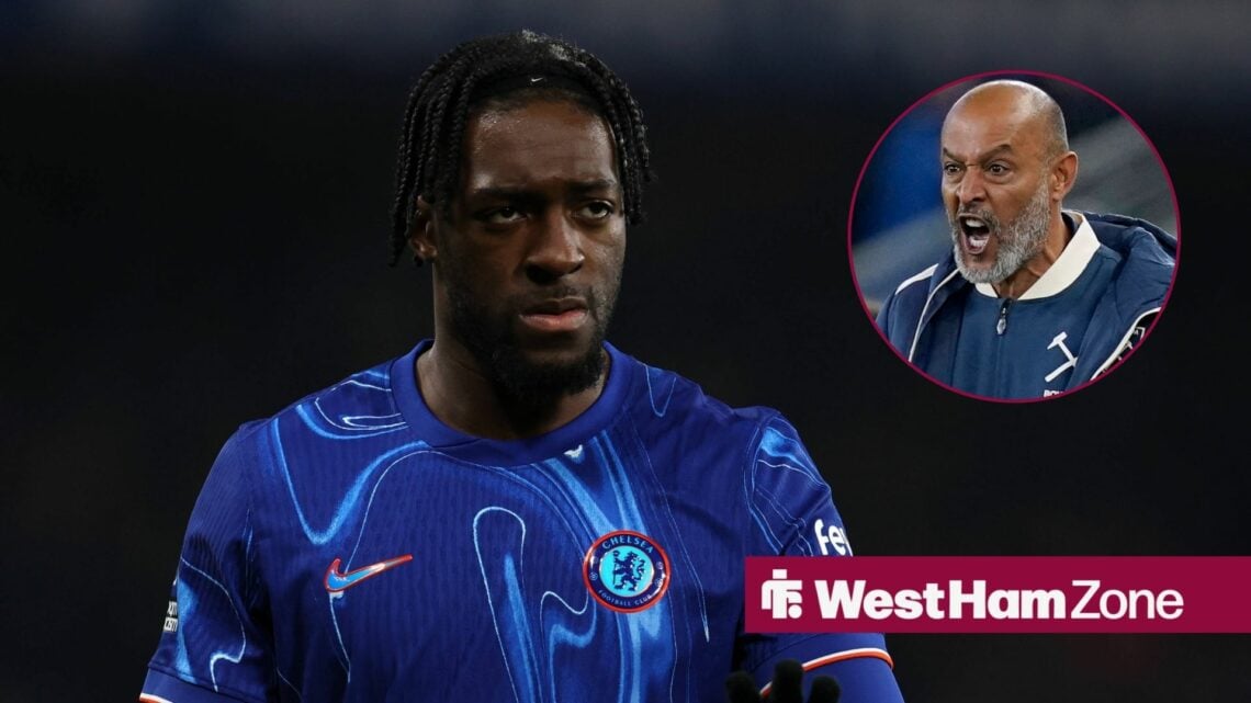 Axel Disasi in a Chelsea shirt and Nuno Espirito Santo shouts in a circular overlay