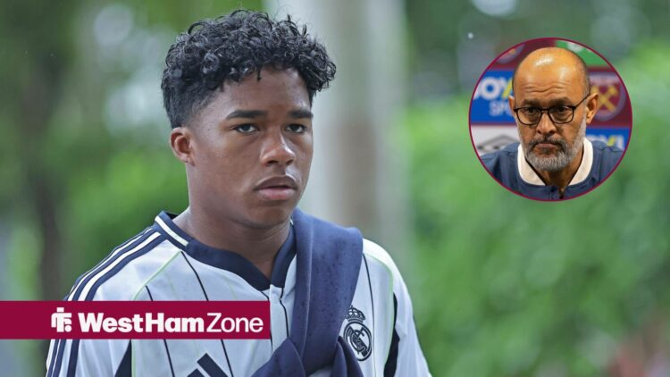 Real Madrid forward Endrick stares towards a circular inset, where West Ham manager Nuno Espirito Santo watches on with concern.