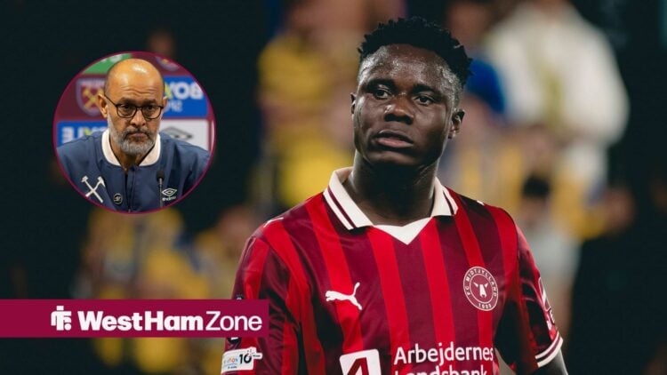 Franculino Dju in action, West Ham boss Nuno Espirito Santo in inset.