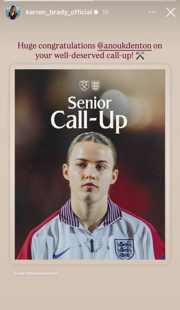 Karren Brady congratulates Anouk Denton on Instagram