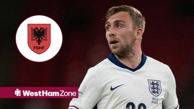 West Ham star Jarrod Bowen in England shirt, Albania badge in inset.