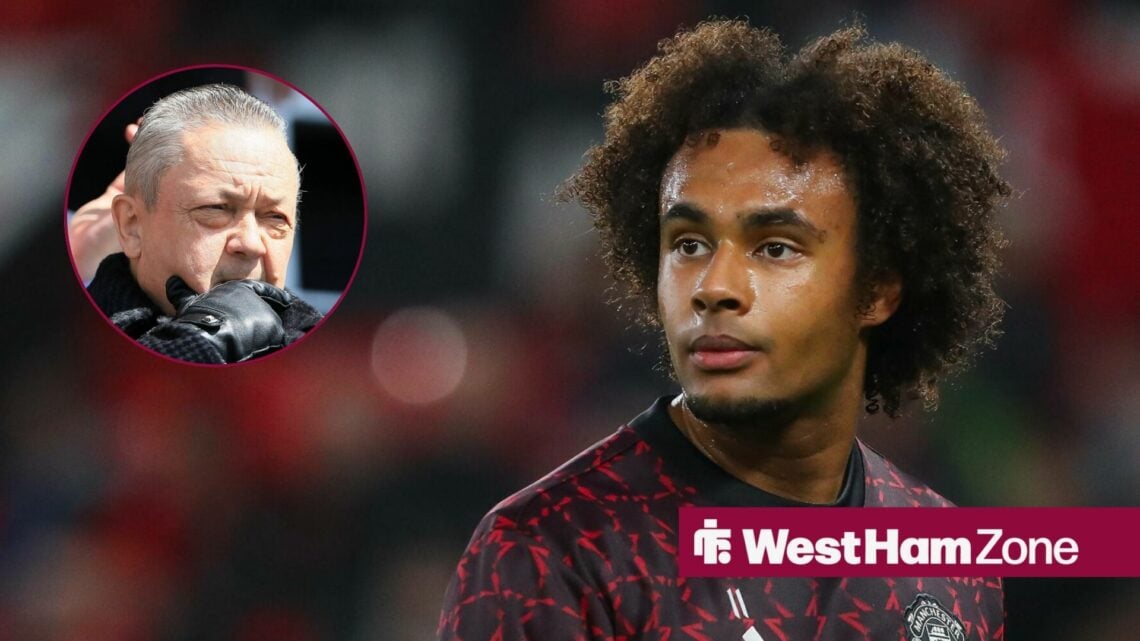 Manchester United forward Joshua Zirkzee glancves towards a circular inset, where West Ham owner David Sullivan stands in thought.
